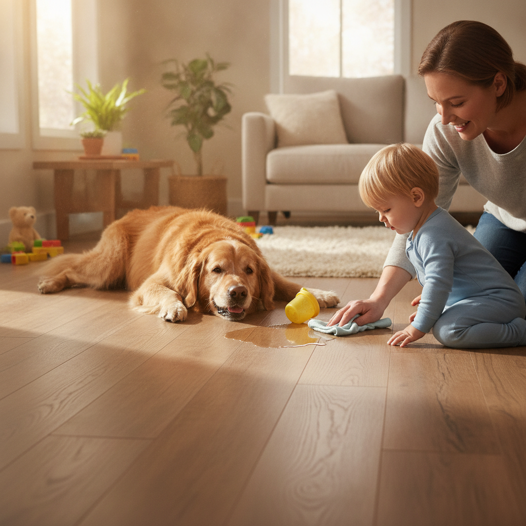 A parent calmly wipes a spill from a waterproof hybrid hardwood floor while their toddler and a golden retriever play nearby, demonstrating the floor's worry-free durability.
