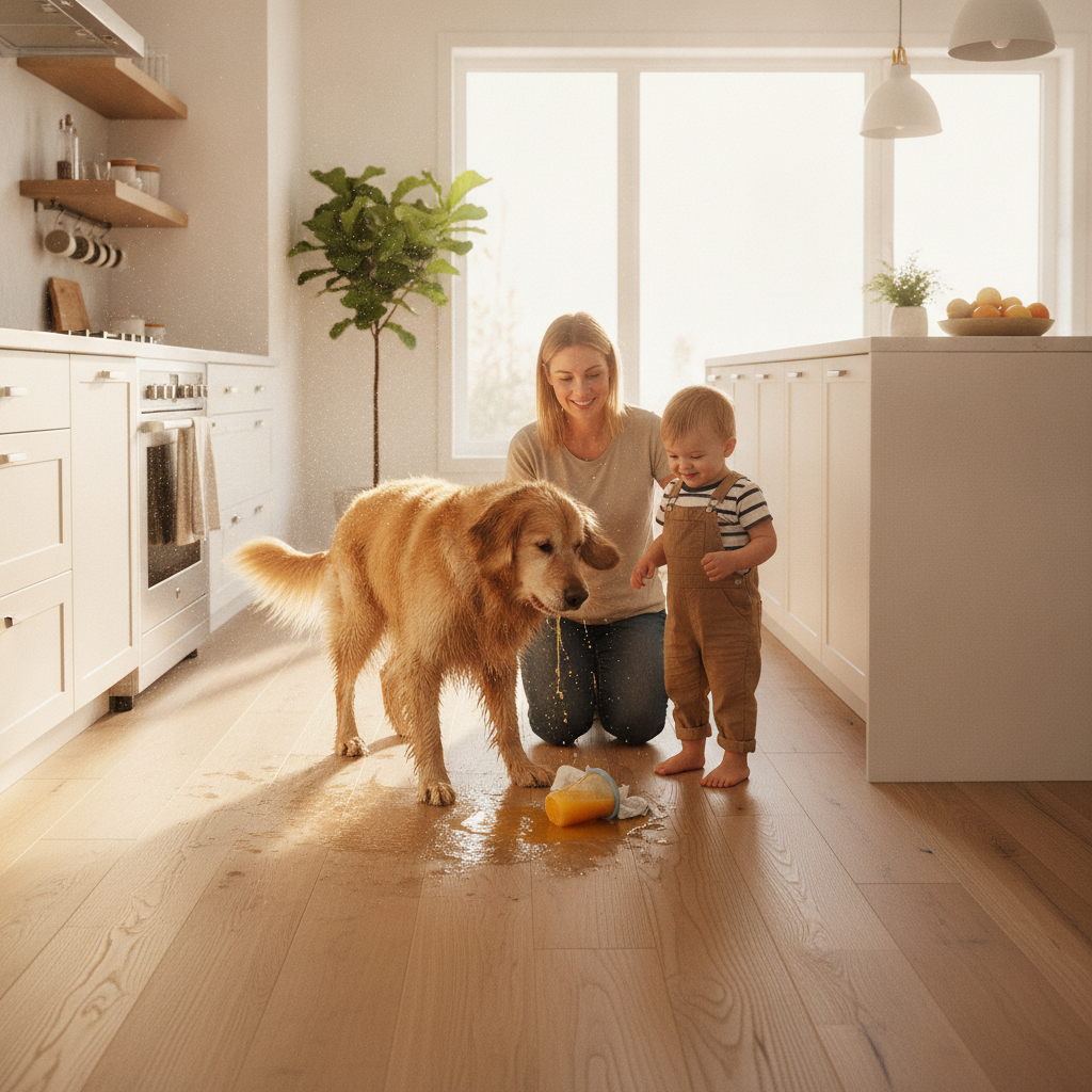 A parent calmly wipes a spill on a durable wood floor while a toddler and a wet dog play nearby, illustrating a worry-free home environment.