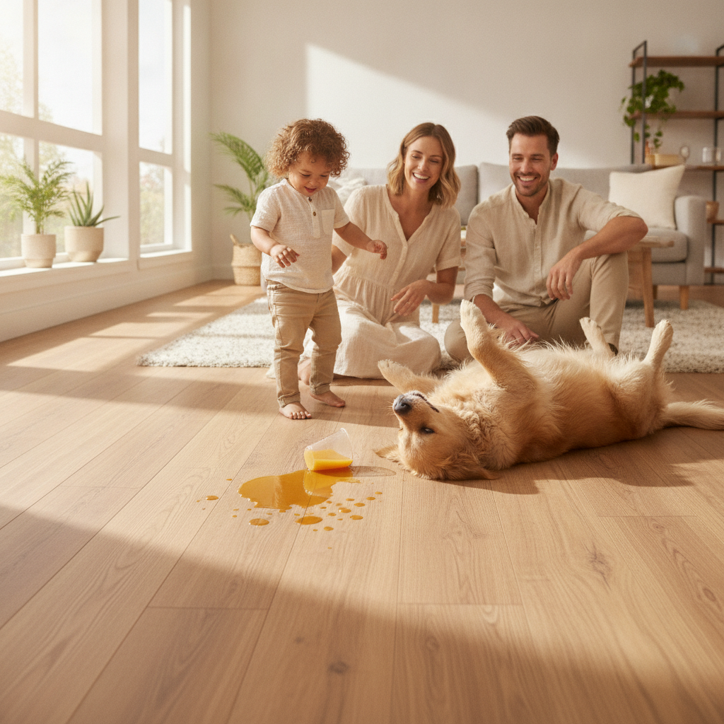 Worry-Free Living on Life-Proof Floors A sunlit living room with a relaxed family and pet on a waterproof hybrid hardwood floor, where a juice spill is beading up harmlessly.