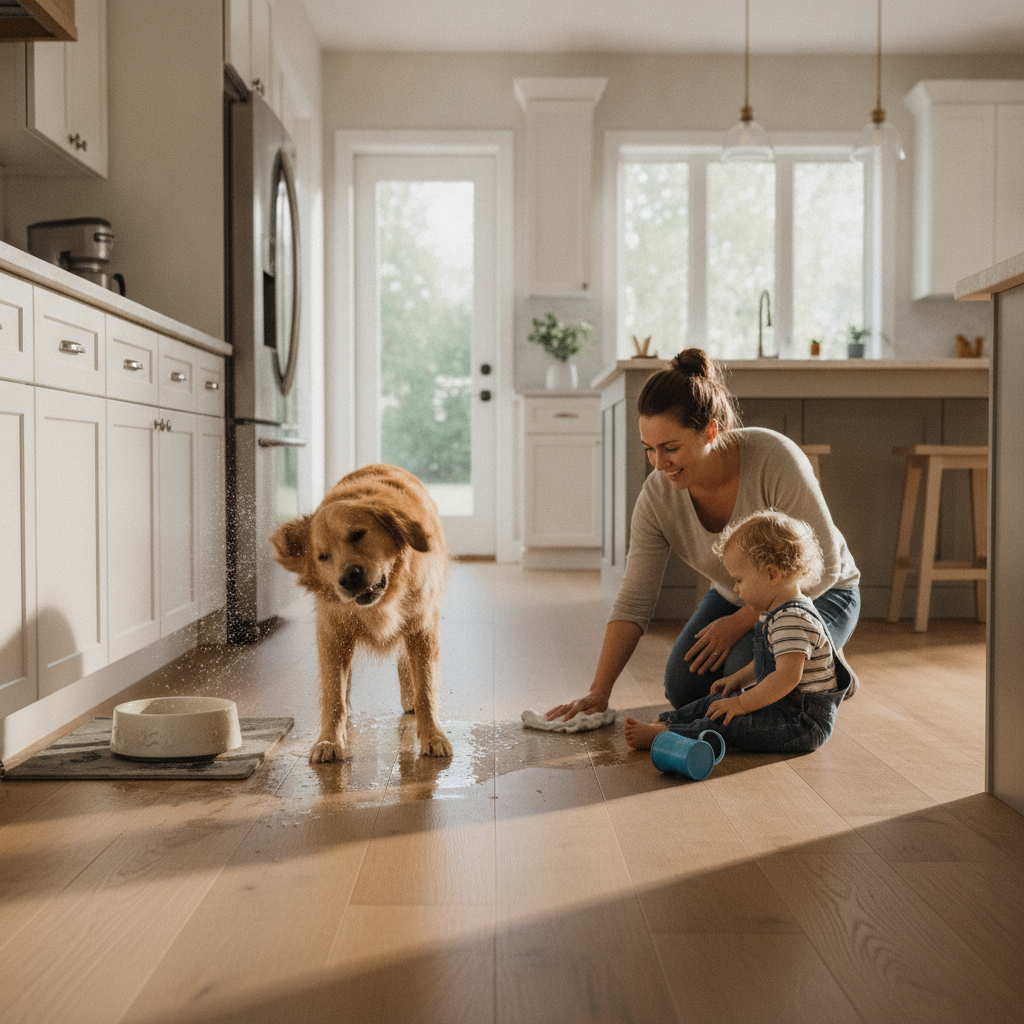 A warm, inviting, and candid lifestyle photograph of a modern kitchen with beautiful Bravewood oak flooring. A happy golden retriever is playfully shaking off water droplets near its bowl, and a toddler is sitting nearby with a spilled sippy cup. The parent in the background is smiling calmly while wiping the floor with a cloth, embodying a sense of peace of mind and effortless maintenance. Style: photorealistic, bright and airy, natural window light, warm tones, authentic family moment.