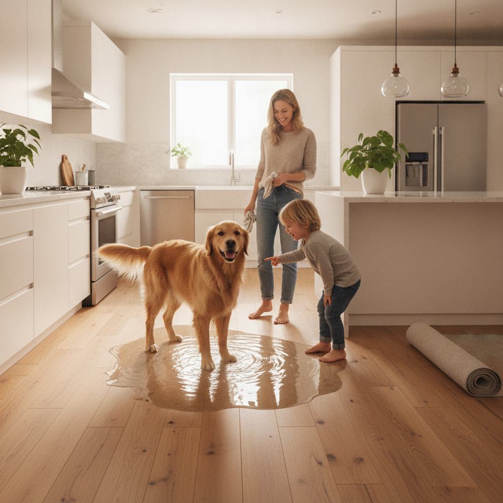A happy golden retriever sits next to a large spilled water bowl on a hybrid hardwood floor in a kitchen, showcasing the floor's waterproof quality in a family setting.