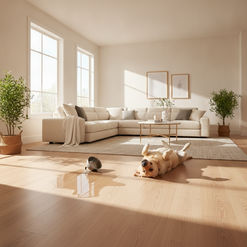 A bright, modern living room with a happy dog on a beautiful, unscratched hybrid hardwood floor next to a harmlessly spilled water bowl.