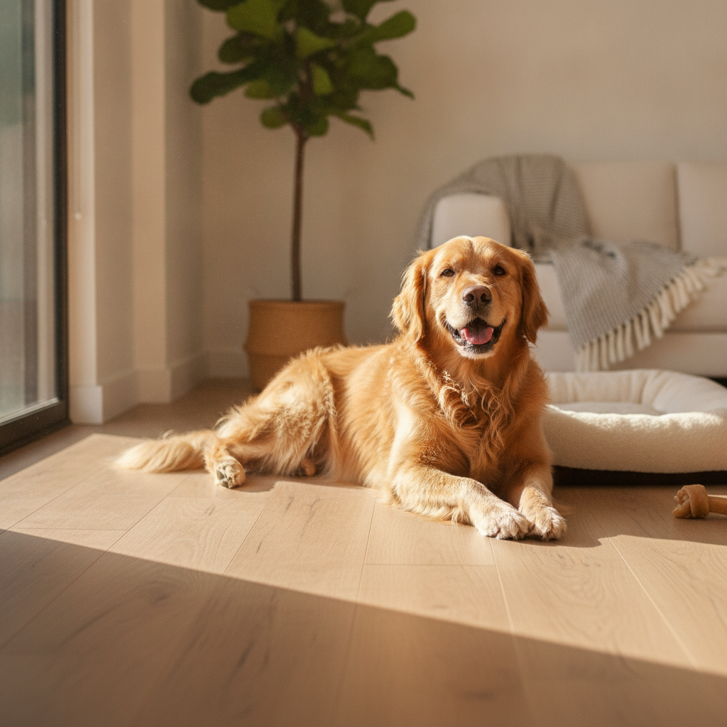 A happy Golden Retriever lounging on a modern waterproof hybrid hardwood floor in a sunlit, peaceful room.