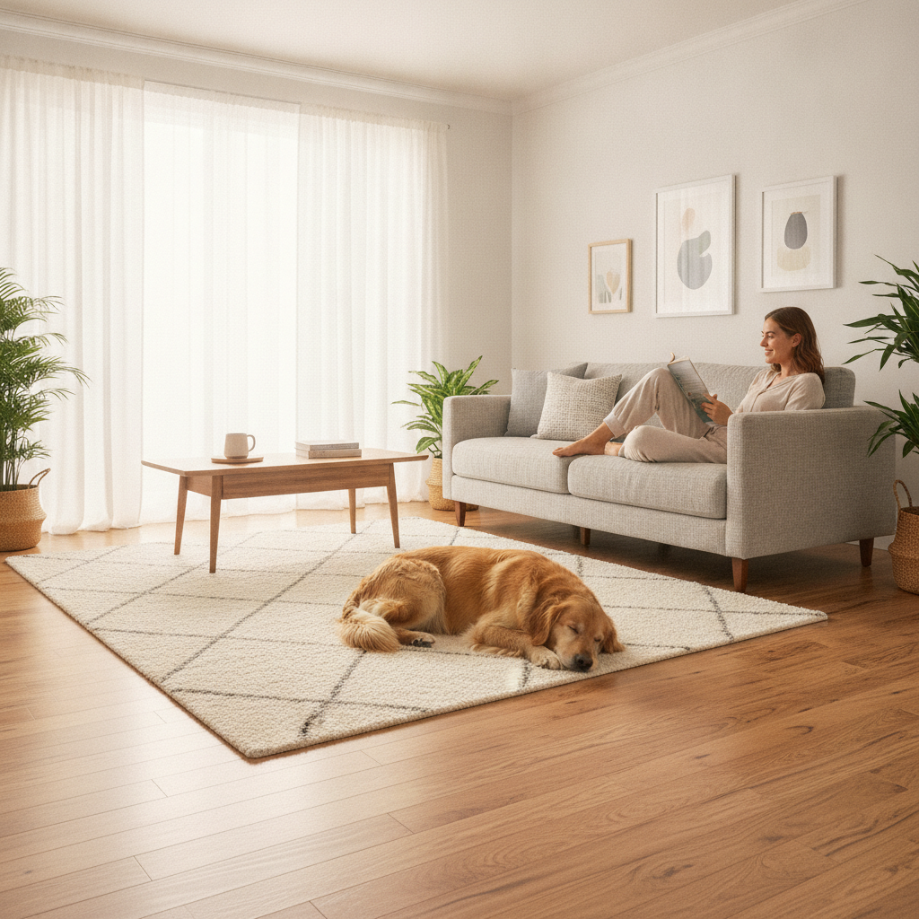 A bright, beautiful living room with a happy dog lounging on a rug on pristine hybrid hardwood floors, showcasing a worry-free environment.