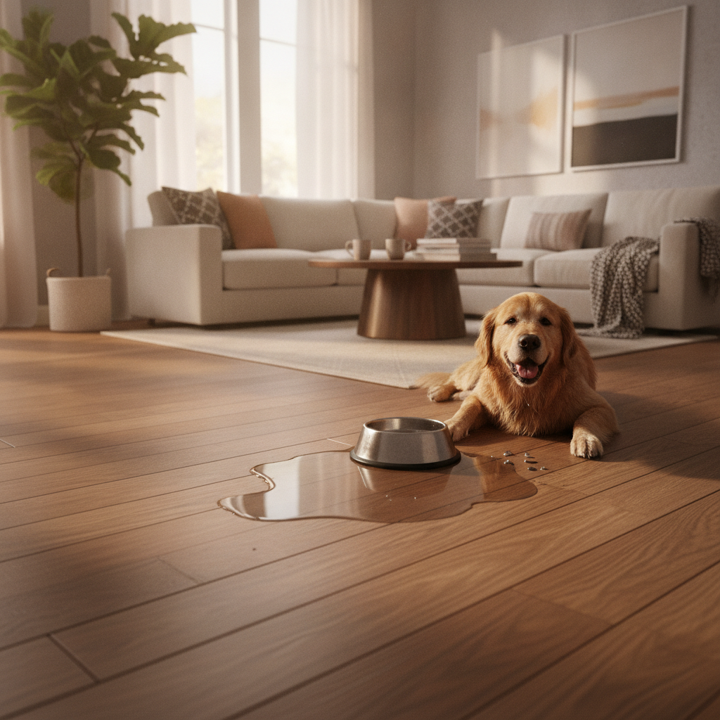 A heartwarming, photorealistic shot of a stylish, modern living room with beautiful waterproof hybrid hardwood floors. A happy golden retriever is lying on the floor next to a tipped-over water bowl, with water pooling harmlessly on the surface of the wood planks. The scene is bathed in warm, natural light, conveying a sense of peace and a worry-free lifestyle.