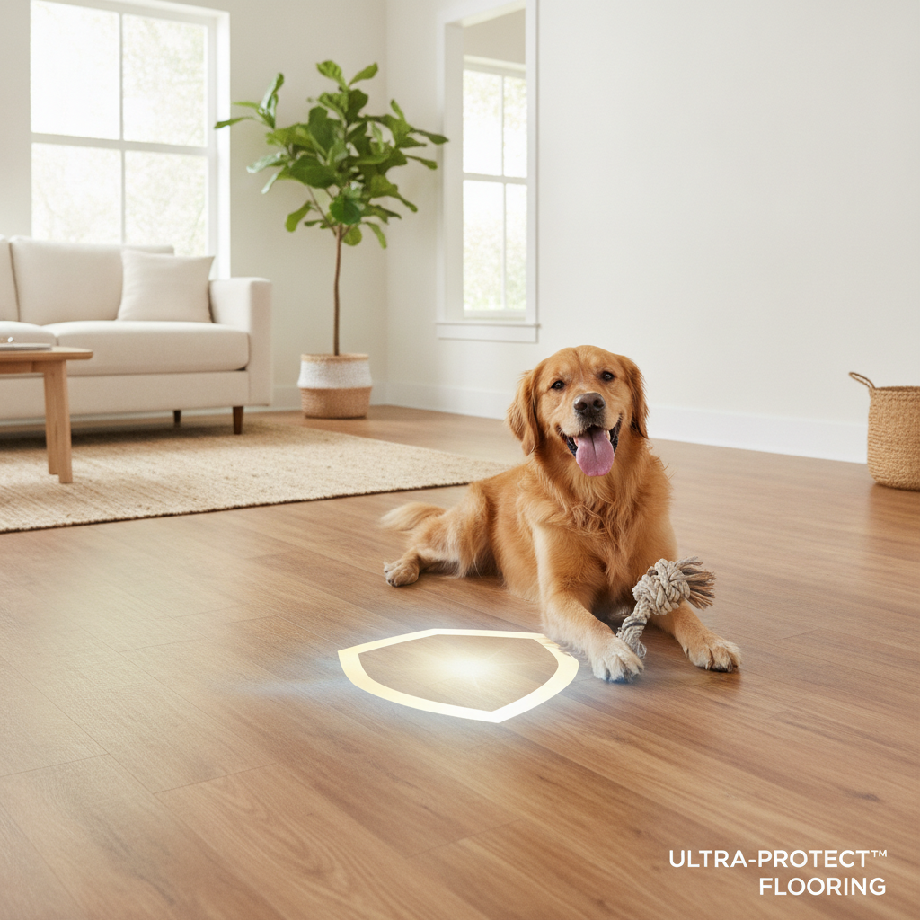 A happy golden retriever playing on a durable, stylish hardwood-look floor, illustrating worry-free living with pets.