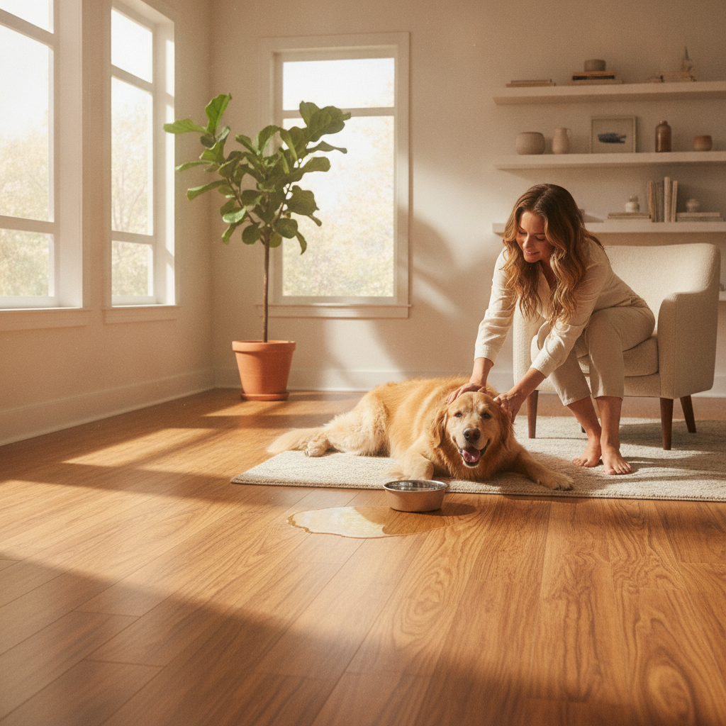 A bright, modern living room with a happy dog on a waterproof hybrid hardwood floor, unconcerned by a nearby spilled water bowl, conveying a sense of peace.