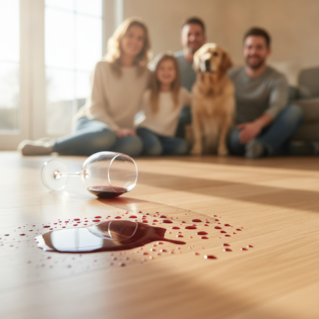 Worry-Free Living with Waterproof Flooring A dramatic, high-contrast lifestyle photo capturing a glass of red wine spilled on a beautiful light oak hybrid hardwood floor. The wine is beading up perfectly on the surface, not soaking in, with bright light from a window highlighting the droplets. In the softly blurred background, a family with a golden retriever looks on with relaxed smiles, reinforcing the floor's worry-free, pet-friendly, and waterproof nature. Style: cinematic, warm, photorealistic, shallow depth of field.