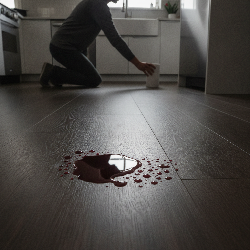 A glass of red wine spilled on a waterproof hybrid hardwood kitchen floor, with the liquid beading up on the surface to demonstrate its worry-free, waterproof quality.