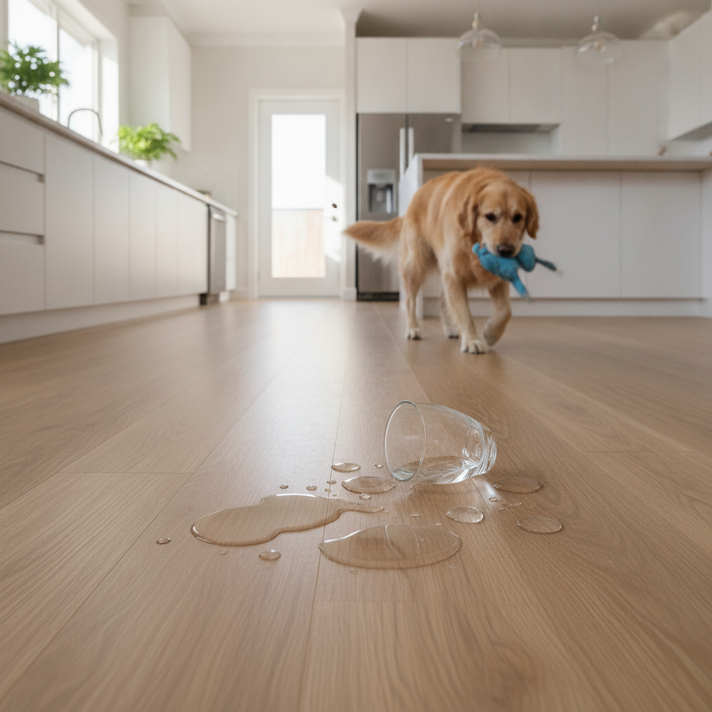 A modern kitchen with waterproof hybrid hardwood floors. Spilled water is beading on the surface, and a dog plays in the background, demonstrating the floor's durability and water resistance.