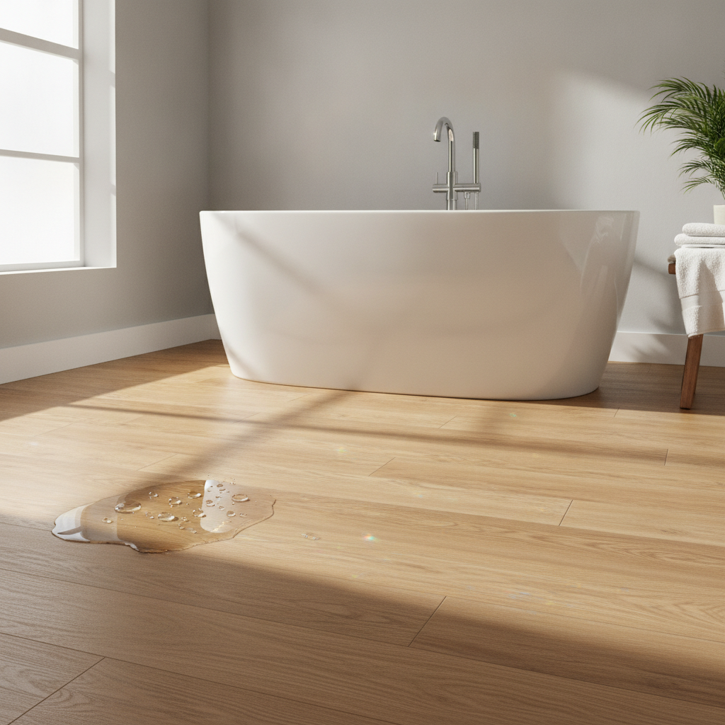A modern bathroom with a waterproof hybrid vinyl floor where water has beaded up on the surface, demonstrating its durability and style.