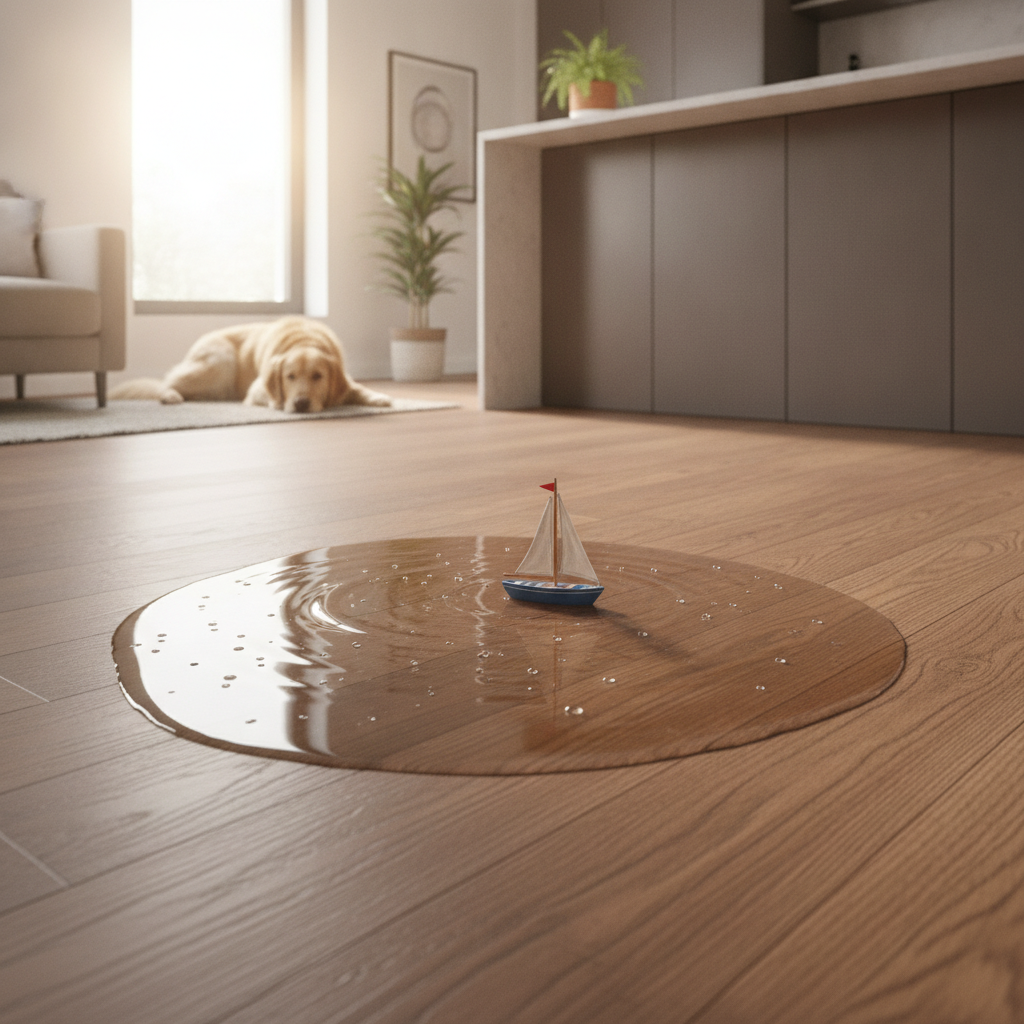 A large puddle of water beading up on the surface of a waterproof hybrid hardwood floor in a modern kitchen, showcasing its waterproof quality.