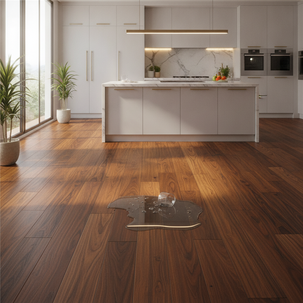 A modern luxury kitchen with waterproof hybrid hardwood flooring, showing a small puddle of water sitting harmlessly on the surface.