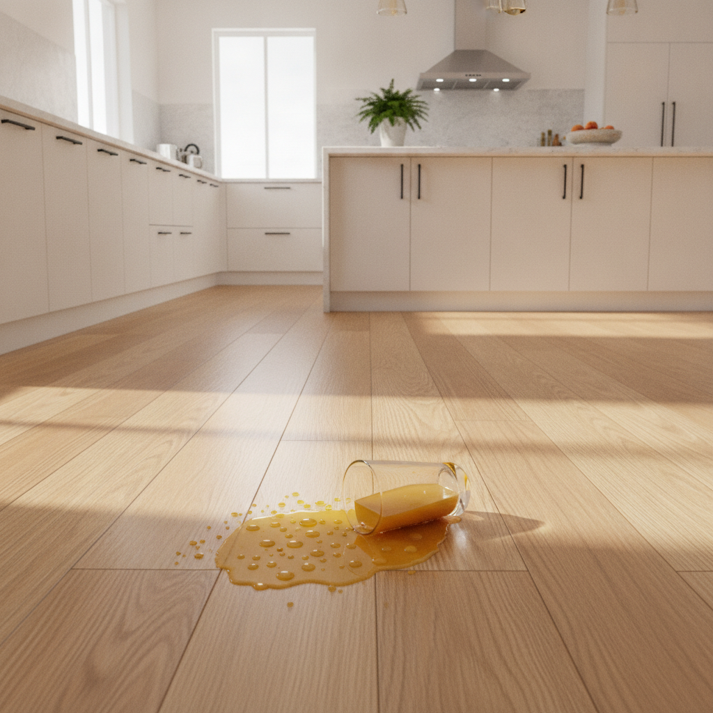A modern kitchen with waterproof hybrid hardwood floors. A spilled glass of juice beads up on the surface, demonstrating the floor's waterproof and stain-resistant qualities.